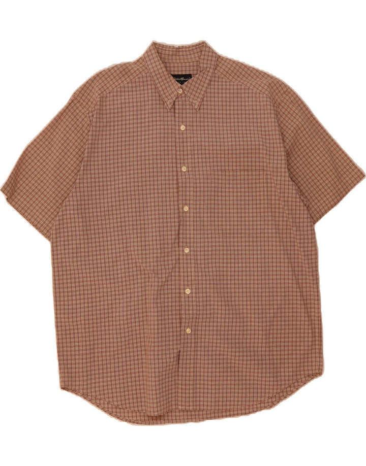 EDDIE BAUER Mens Short Sleeve Shirt Large Brown Check Cotton