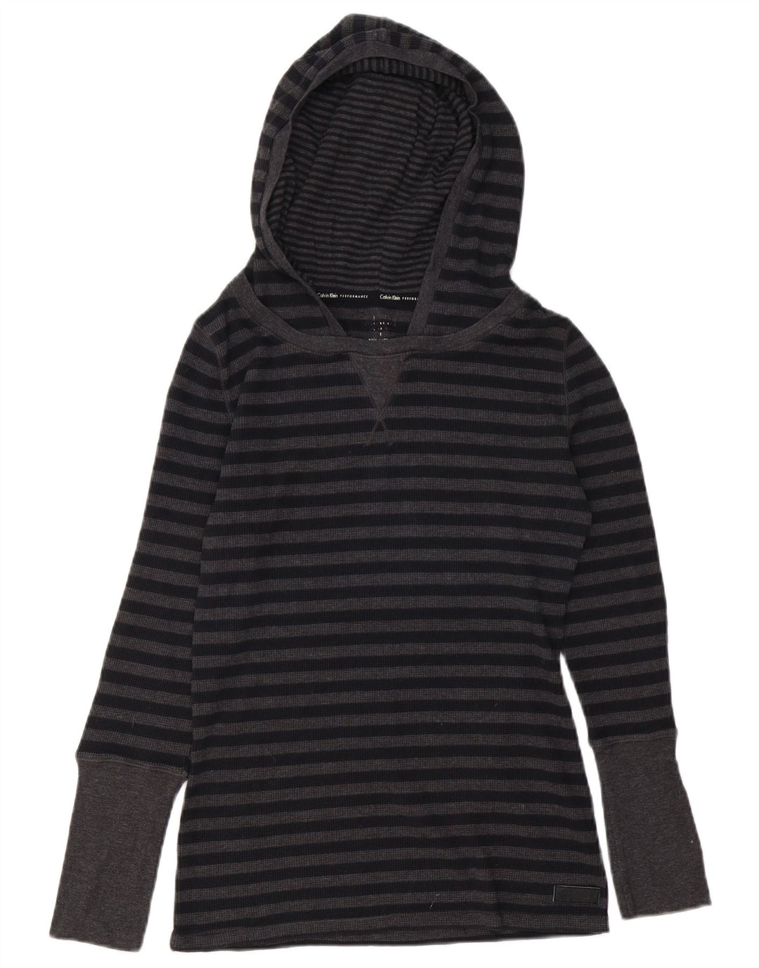 Calvin Klein Womens Hooded Top Long Sleeve UK 12 Medium Grey Striped Cotton
