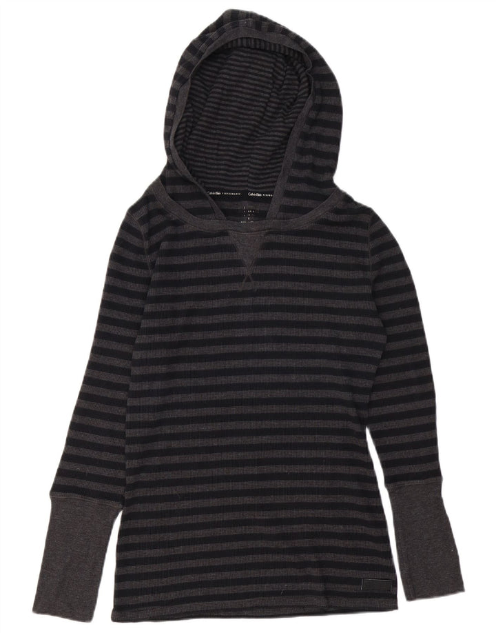 Calvin Klein Womens Hooded Top Long Sleeve UK 12 Medium Grey Striped Cotton