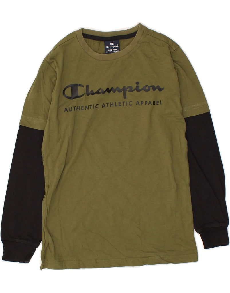 CHAMPION Boys Graphic Top Long Sleeve 9-10 Years Medium Khaki Colourblock | Vintage Champion | Thrift | Second-Hand Champion | Used Clothing | Messina Hembry 