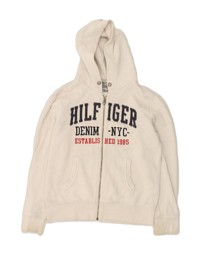 TOMMY HILFIGER Womens Graphic Zip Hoodie Sweater UK 12 Medium Beige | Vintage Tommy Hilfiger | Thrift | Second-Hand Tommy Hilfiger | Used Clothing | Messina Hembry 