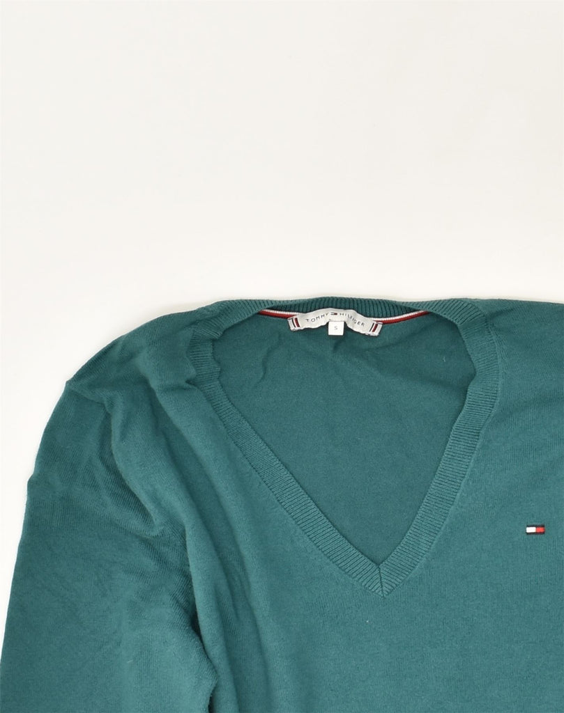 TOMMY HILFIGER Mens V-Neck Jumper Sweater Small Turquoise Cotton | Vintage Tommy Hilfiger | Thrift | Second-Hand Tommy Hilfiger | Used Clothing | Messina Hembry 