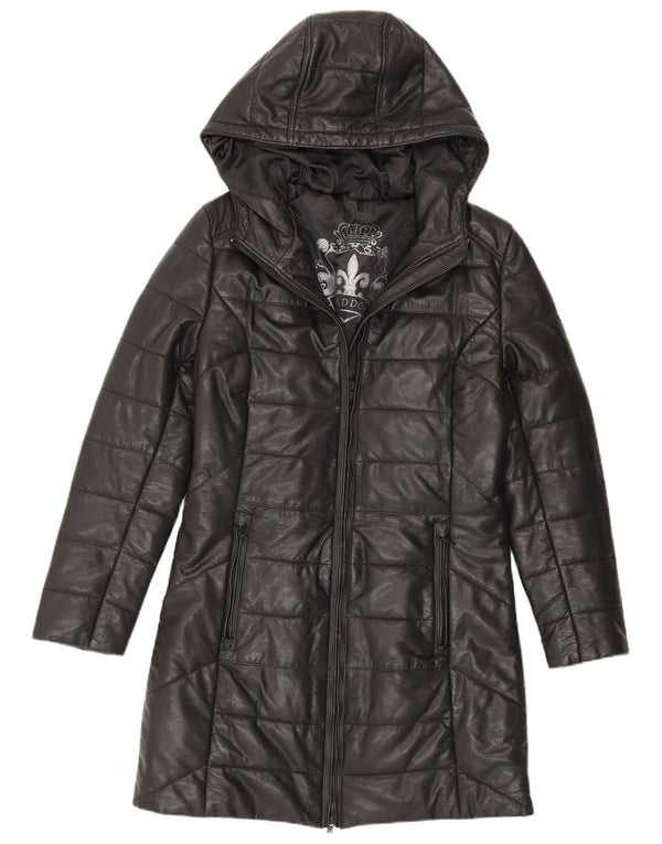 Maddox Womens Hooded Leather Padded Coat UK 12 Medium Black Leather