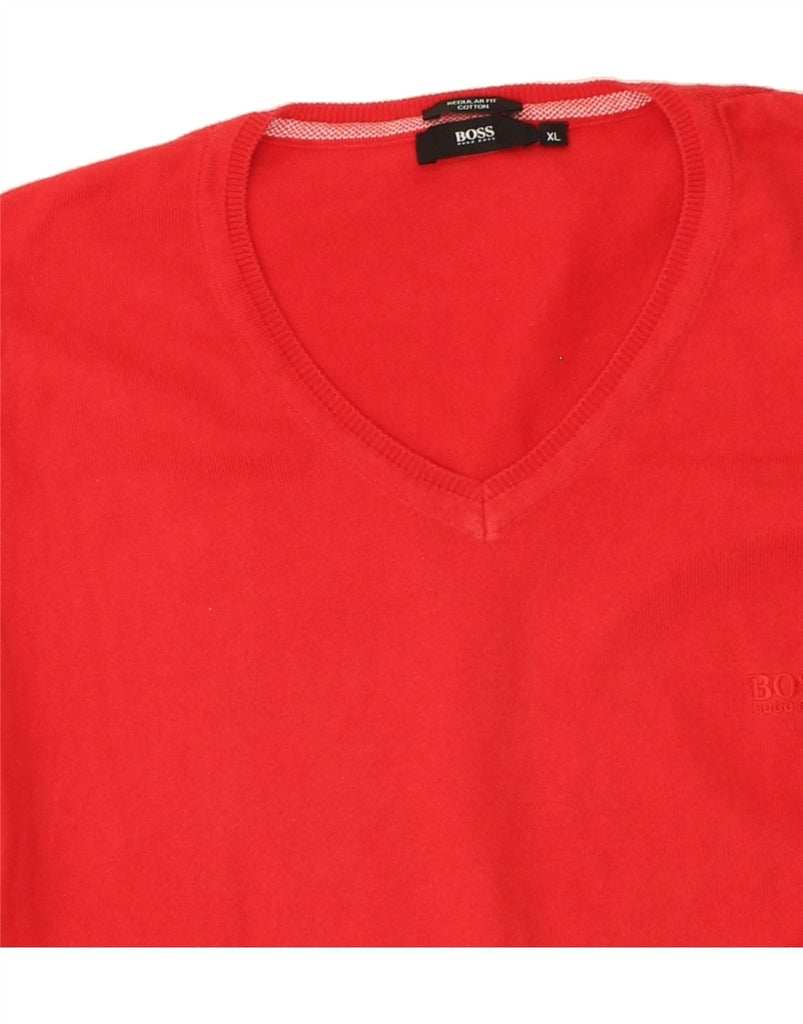 HUGO BOSS Mens Regular Fit V-Neck Jumper Sweater XL Red Cotton | Vintage Hugo Boss | Thrift | Second-Hand Hugo Boss | Used Clothing | Messina Hembry 