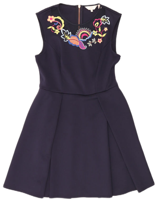 Ted Baker Womens Sleeveless Swing Dress Size 4 Large Navy Blue Floral
