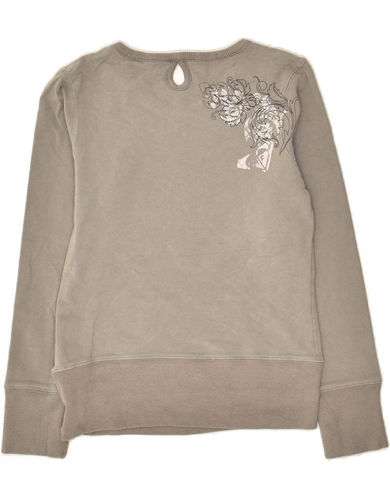 ROXY Womens Graphic Sweatshirt Jumper UK 12 Medium Grey Floral Cotton | Vintage Roxy | Thrift | Second-Hand Roxy | Used Clothing | Messina Hembry 