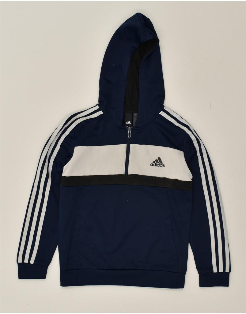 ADIDAS Boys Zip Neck Hoodie Jumper 9-10 Years Navy Blue Colourblock | Vintage Adidas | Thrift | Second-Hand Adidas | Used Clothing | Messina Hembry 