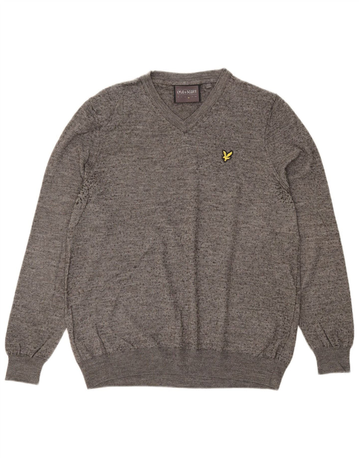 Lyle & Scott Mens V-Neck Jumper Sweater Large Grey Flecked Merino Wool