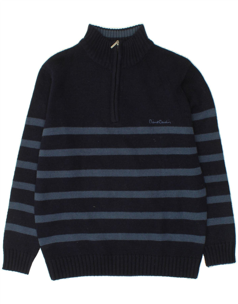 PIERRE CARDIN Mens Zip Neck Jumper Sweater Small Navy Blue Striped Acrylic | Vintage Pierre Cardin | Thrift | Second-Hand Pierre Cardin | Used Clothing | Messina Hembry 