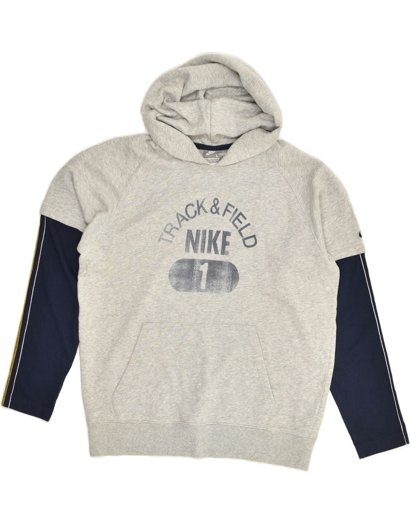 NIKE Boys Graphic Hoodie Jumper 12-13 Years Large Grey Colourblock Cotton | Vintage Nike | Thrift | Second-Hand Nike | Used Clothing | Messina Hembry 