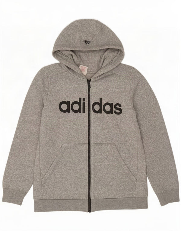 Adidas Boys Graphic Zip Hoodie Sweater 13-14 Years Grey Flecked Cotton