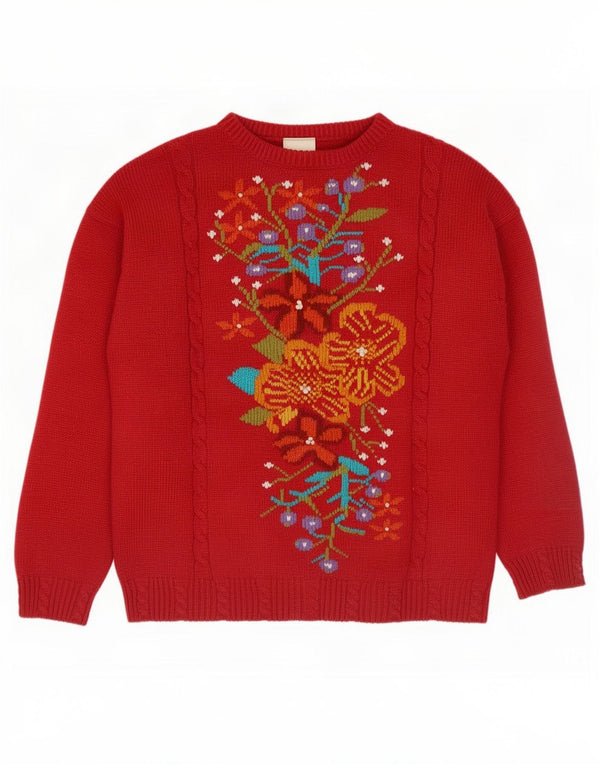 George Womens Crew Neck Jumper Sweater UK 12/14 Medium Red Floral Acrylic