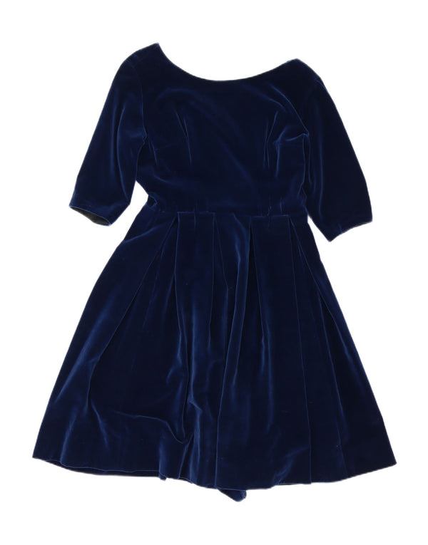 Vintage Womens 3/4 Sleeve Velvet A-Line Dress UK 14 Medium Navy Blue