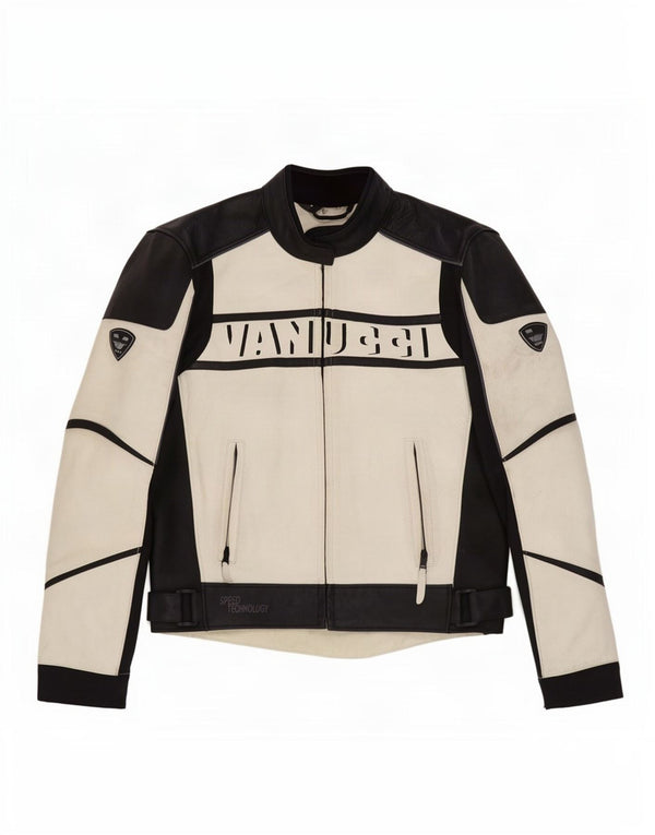 Vanucci Mens Graphic Leather Racer Jacket EU 48 Small White Colourblock