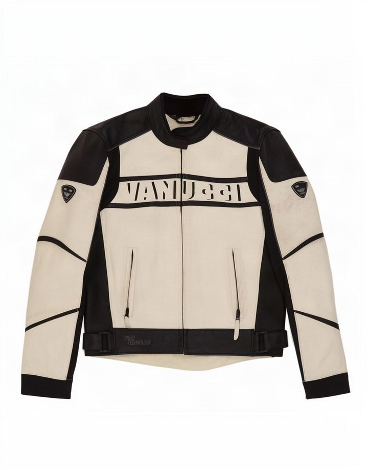 Vanucci Mens Graphic Leather Racer Jacket EU 48 Small White Colourblock