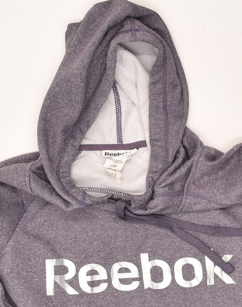 REEBOK Womens Graphic Hoodie Jumper UK 16 Large Purple Polyester | Vintage Reebok | Thrift | Second-Hand Reebok | Used Clothing | Messina Hembry 