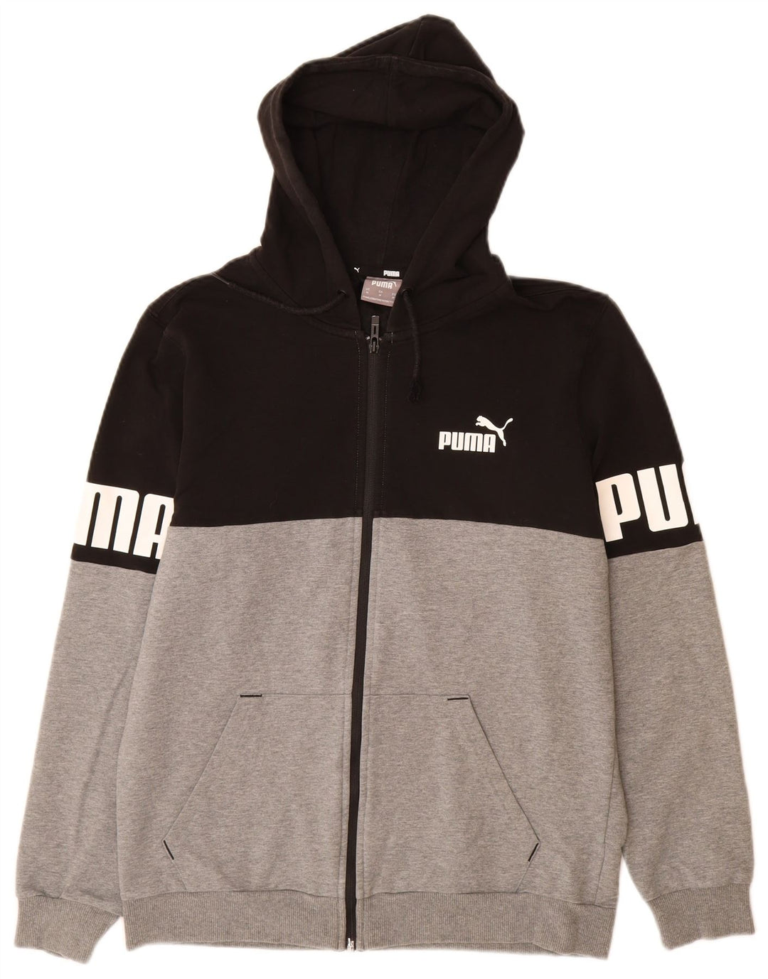 PUMA Mens Graphic Zip Hoodie Sweater Medium Black Colourblock Cotton