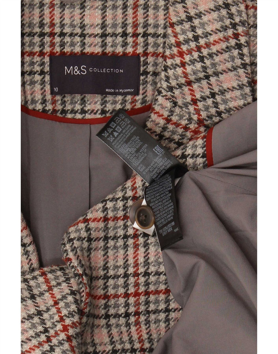 Marks & Spencer Womens 2 Button Blazer Jacket UK 10 Small Grey Houndstooth