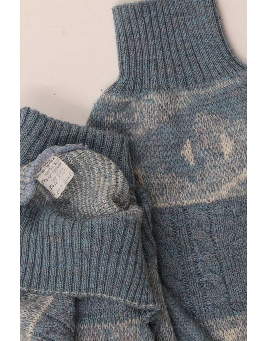 Vintage Mens Crew Neck Jumper Sweater Large Blue Geometric Acrylic
