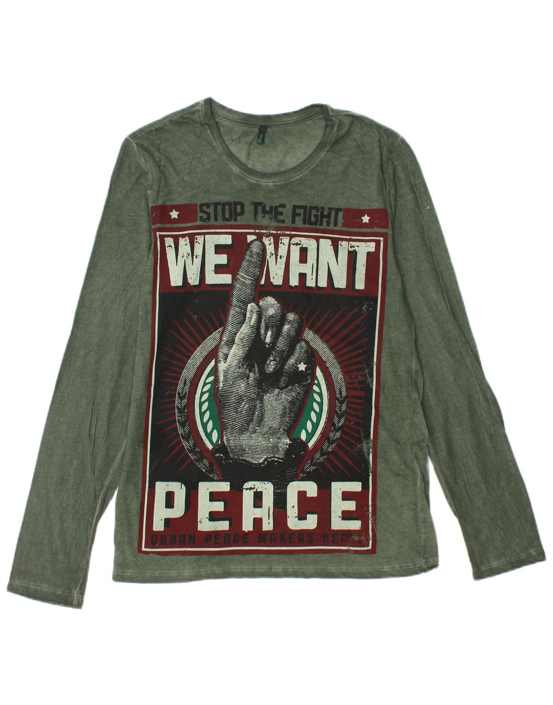 BENETTON Mens Graphic Top Long Sleeve Small Green Cotton