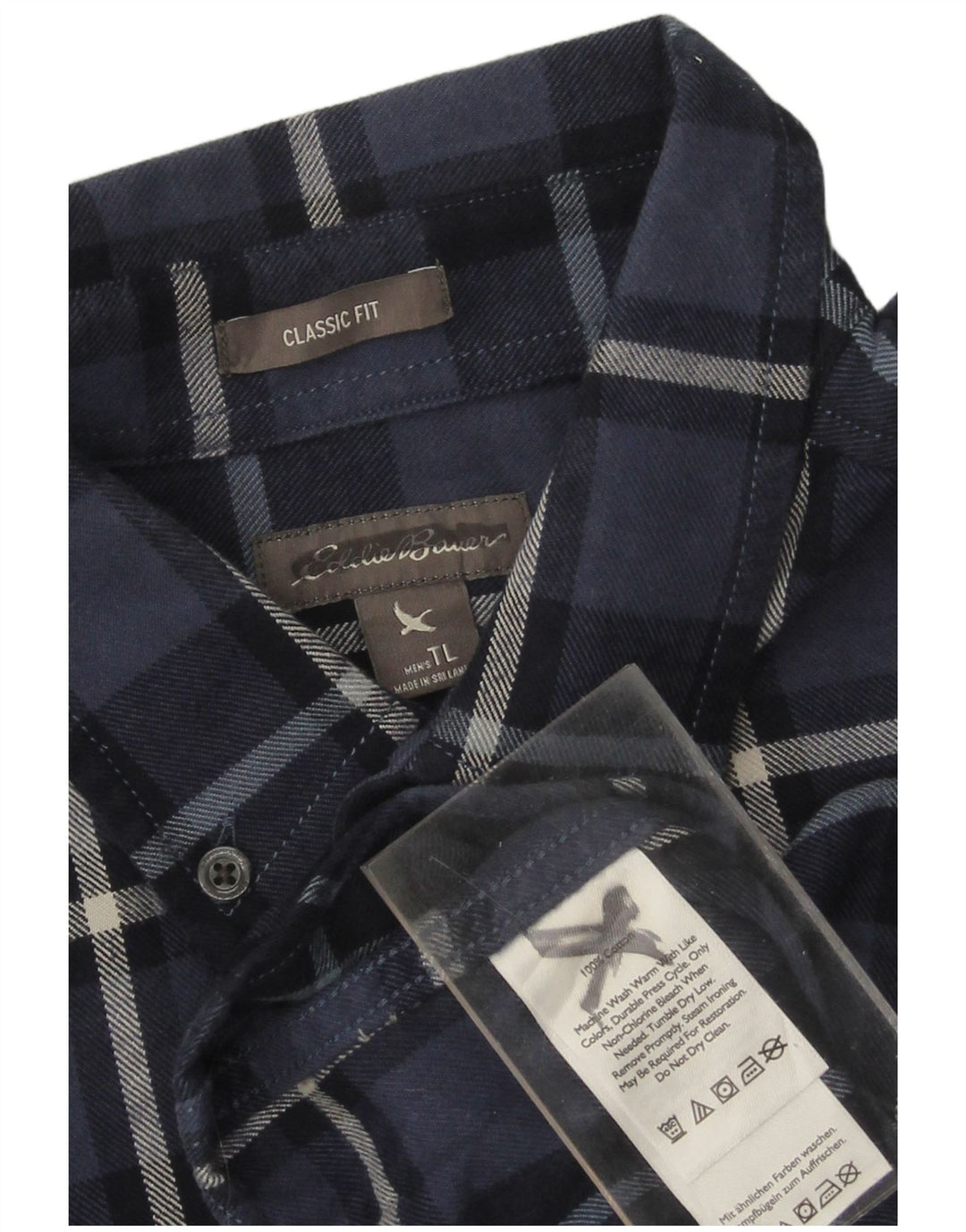 EDDIE BAUER Mens Classic Fit Flannel Shirt Large Navy Blue Check Cotton