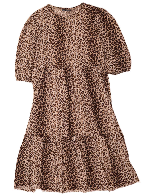 Zara Womens 3/4 Sleeve Maxi Dress UK 16 Large Brown Animal Print Polyester