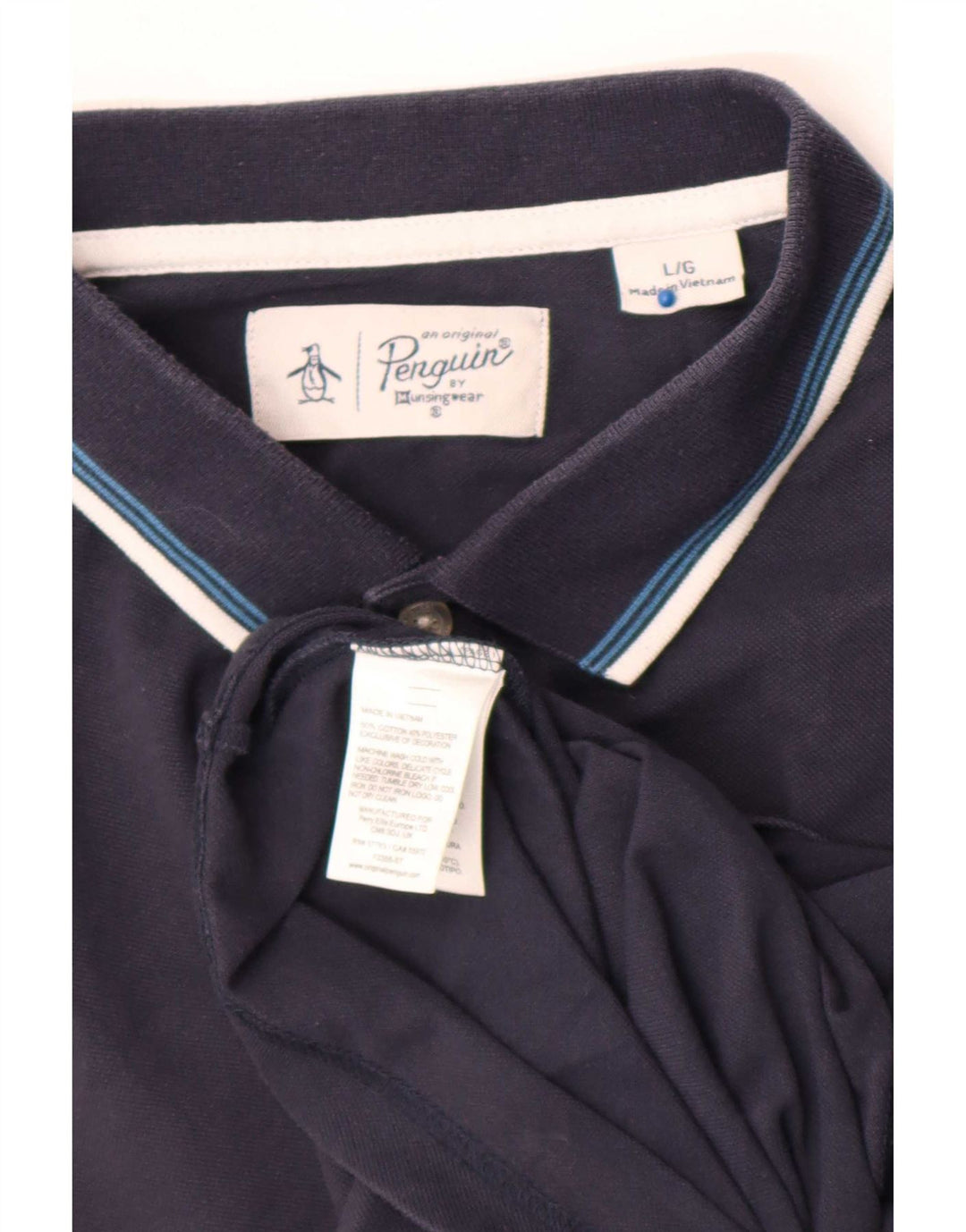 Penguin Mens Polo Shirt Large Navy Blue Striped Cotton