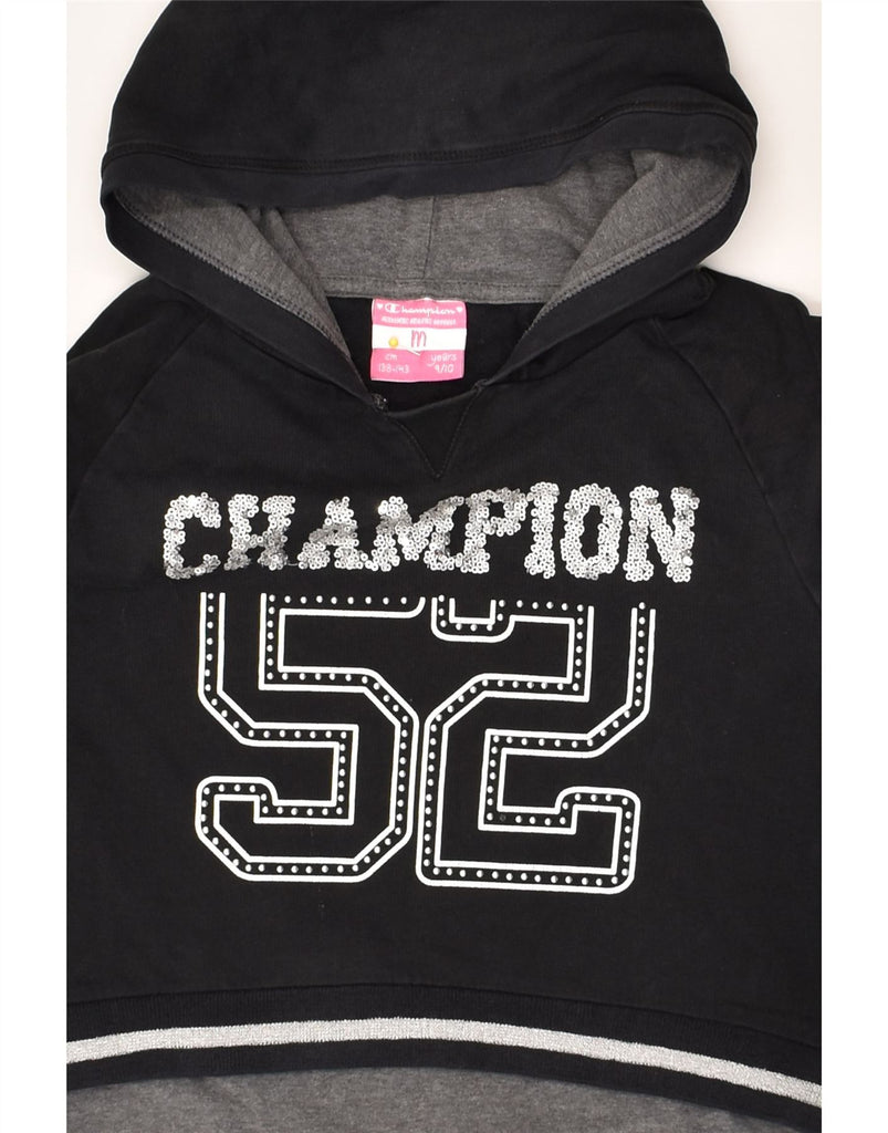 CHAMPION Girls Graphic Hoodie Jumper 9-10 Years Medium Black Colourblock | Vintage Champion | Thrift | Second-Hand Champion | Used Clothing | Messina Hembry 