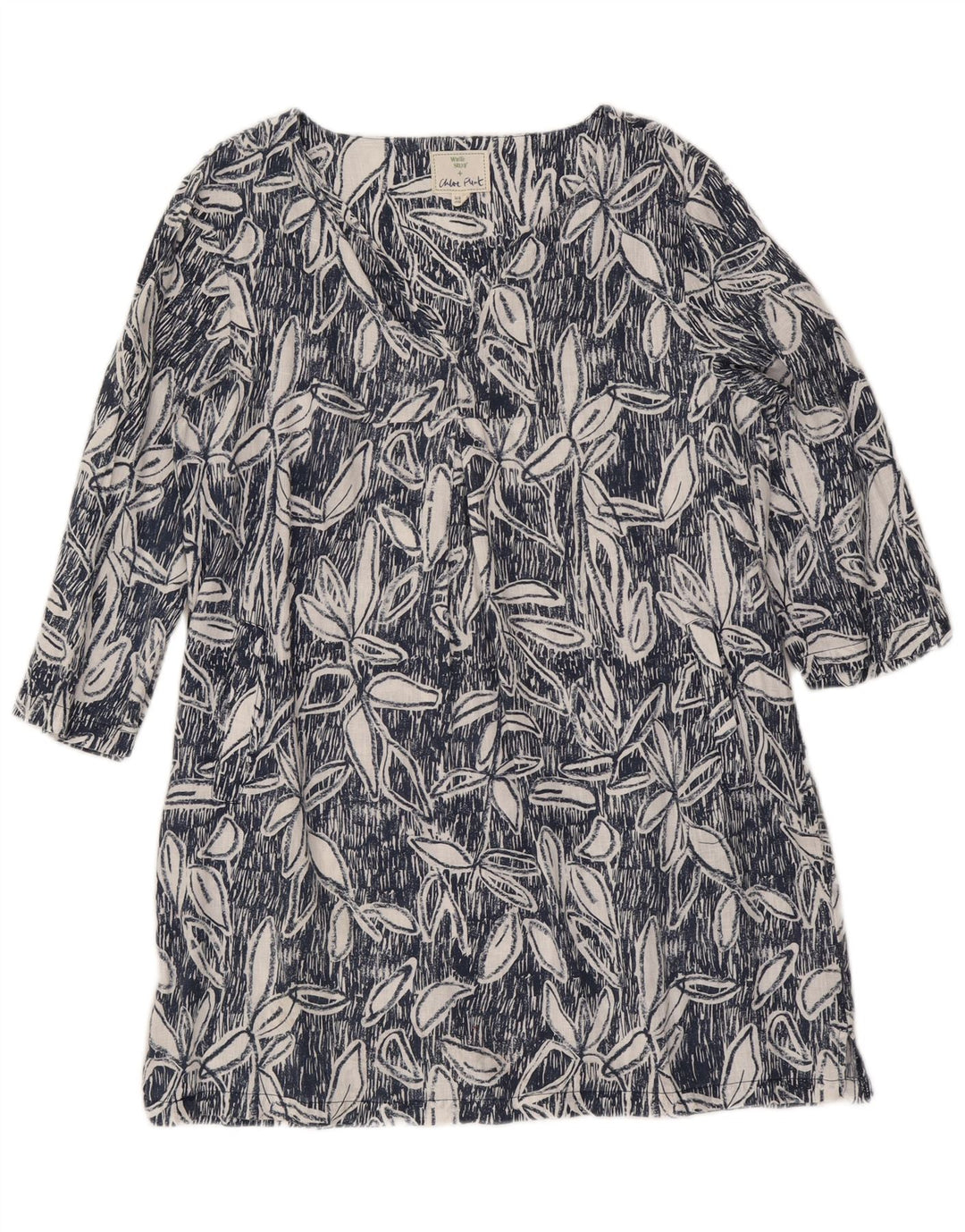 White Stuff Womens 3/4 Sleeve Shift Dress UK 12 Medium Blue Floral Linen