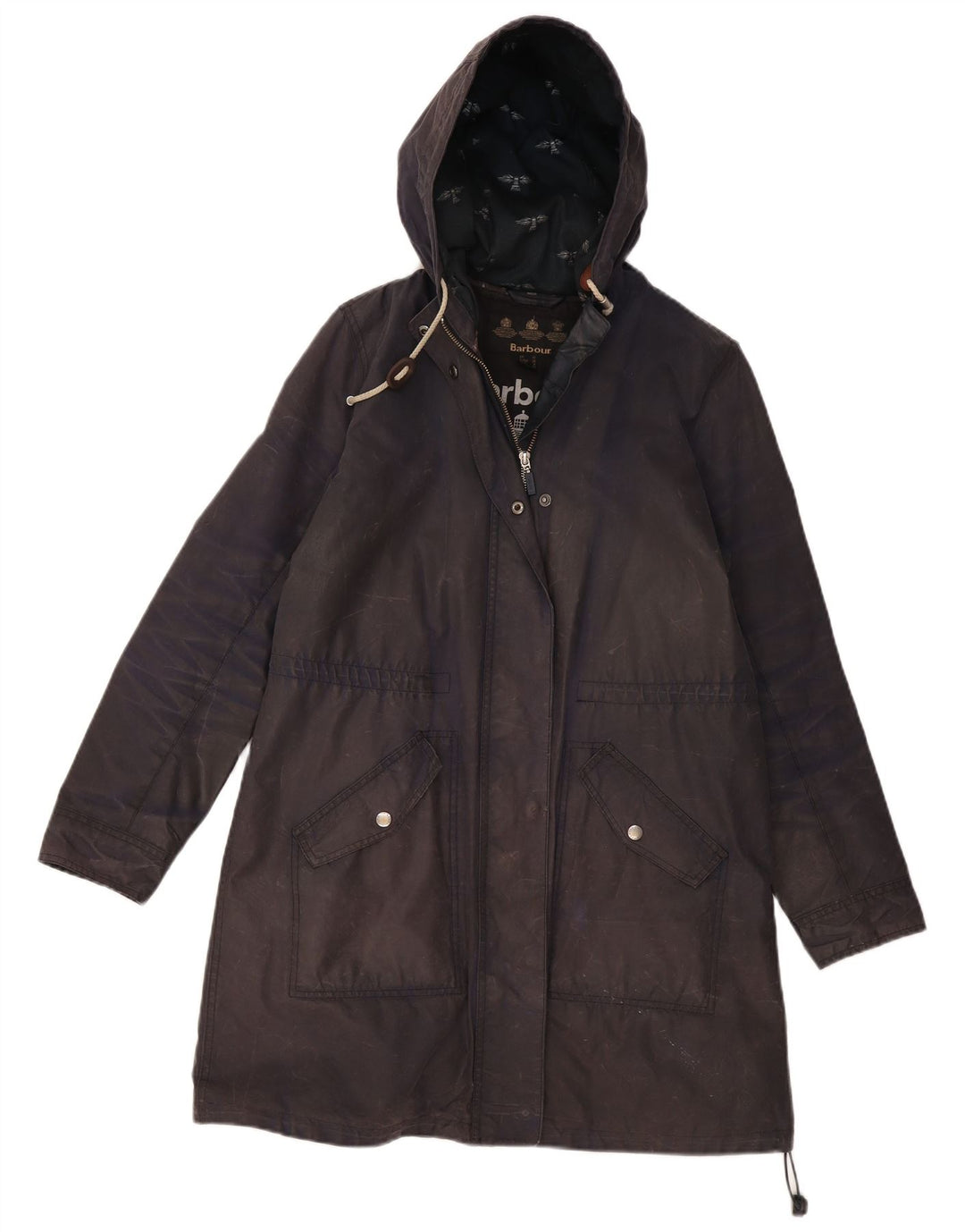 Barbour Womens Hooded Waxed Parka Jacket UK 12 Medium Navy Blue