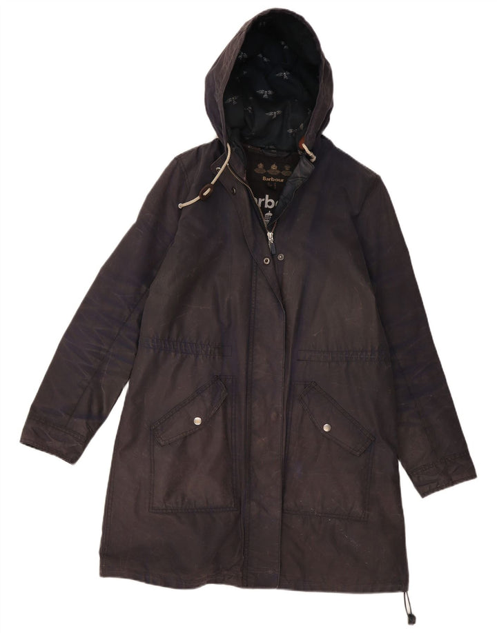 Barbour Womens Hooded Waxed Parka Jacket UK 12 Medium Navy Blue