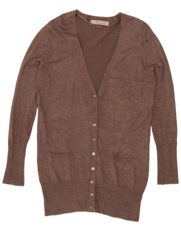 Zara Womens Longline Cardigan Sweater UK 14 Large Brown Rayon
