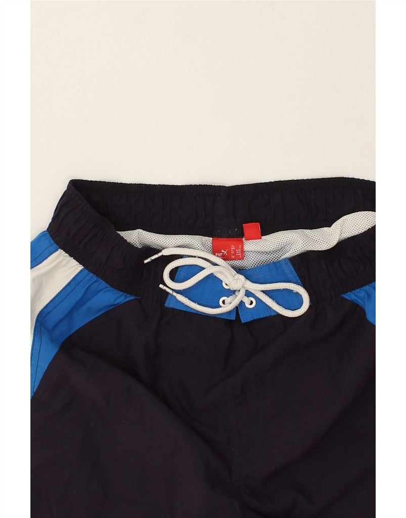 PUMA Mens Graphic Swimming Shorts Small Navy Blue Colourblock | Vintage Puma | Thrift | Second-Hand Puma | Used Clothing | Messina Hembry 