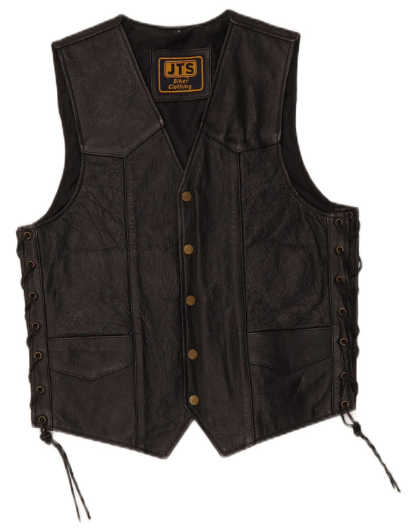 JTS Mens Biker Leather Waistcoat Small Black