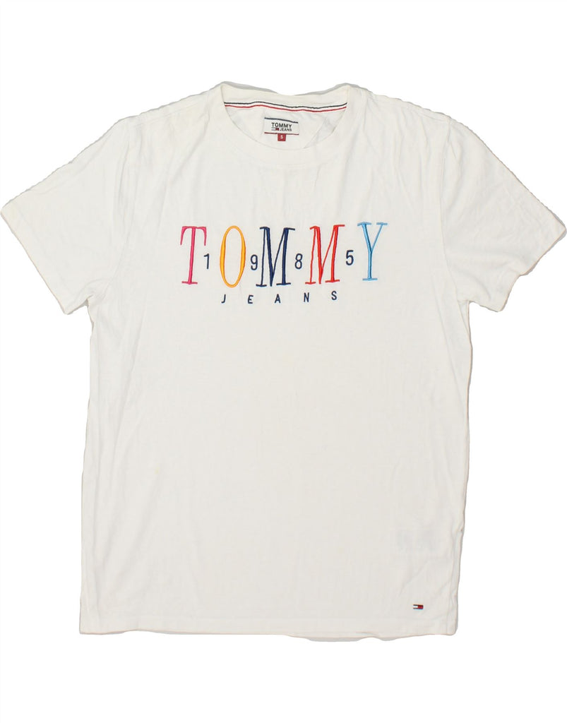 TOMMY JEANS Womens Graphic T-Shirt Top UK 10 Small White Cotton | Vintage Tommy Jeans | Thrift | Second-Hand Tommy Jeans | Used Clothing | Messina Hembry 