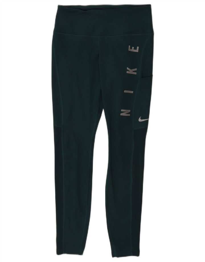 Nike Womens Dri Fit Graphic Leggings UK 12 Medium Green Polyester