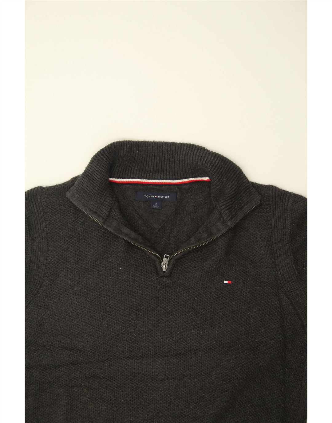 TOMMY HILFIGER Womens Zip Neck Jumper Sweater UK 14 Medium Grey Cotton Vintage Tommy Hilfiger and Second-Hand Tommy Hilfiger from Messina Hembry 
