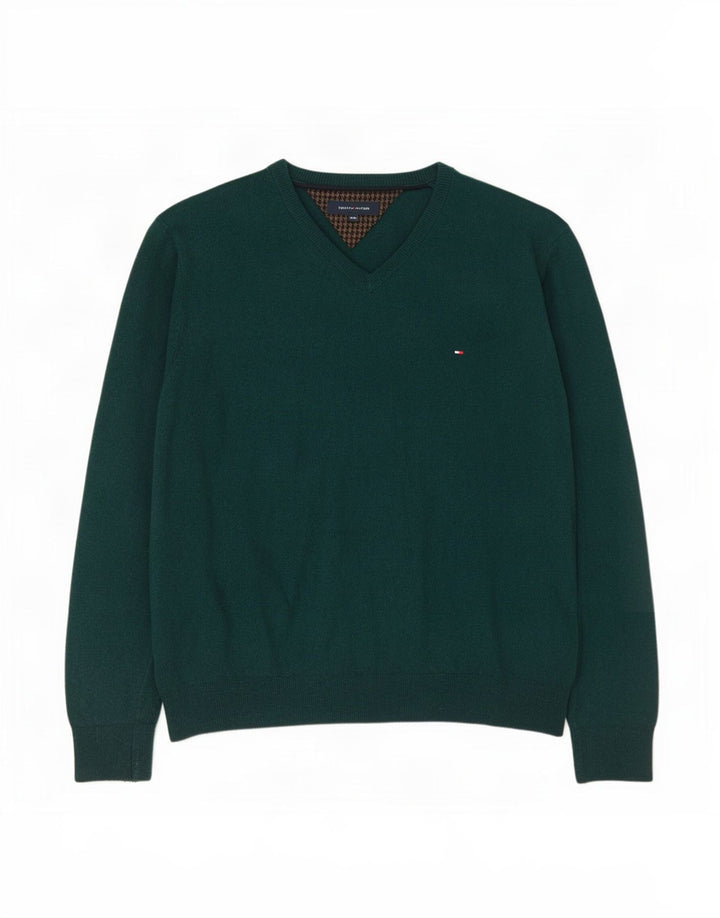 Tommy Hilfiger Mens V-Neck Jumper Sweater 2XL Green Wool