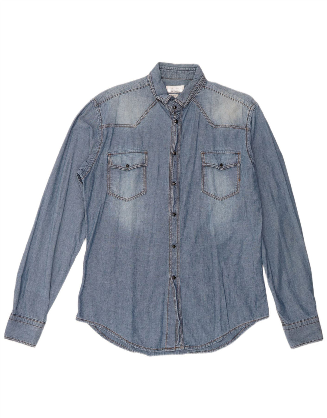 Zara Mens Slim Fit Denim Shirt Large Blue Cotton