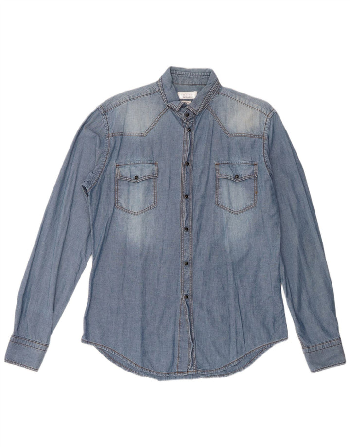 Zara Mens Slim Fit Denim Shirt Large Blue Cotton