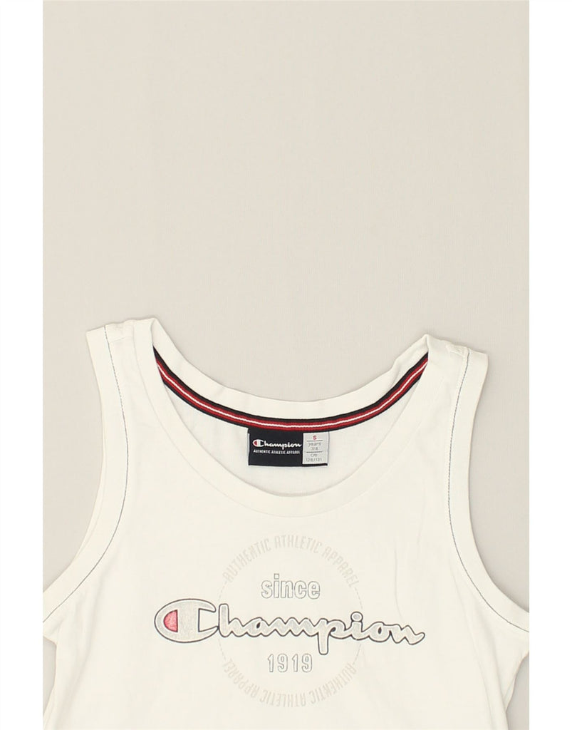 CHAMPION Boys Graphic Vest Top 7-8 Years Small White Cotton | Vintage Champion | Thrift | Second-Hand Champion | Used Clothing | Messina Hembry 
