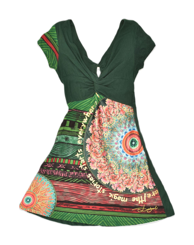 DESIGUAL Womens Graphic A-Line Dress UK 8 Small Green Cotton | Vintage Desigual | Thrift | Second-Hand Desigual | Used Clothing | Messina Hembry 