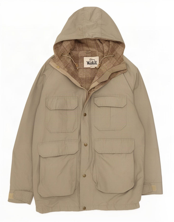 Woolrich Mens Hooded Parka Jacket UK 38 Medium Grey Cotton