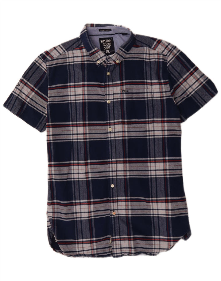SUPERDRY Mens Short Sleeve Shirt Medium Navy Blue Check Cotton