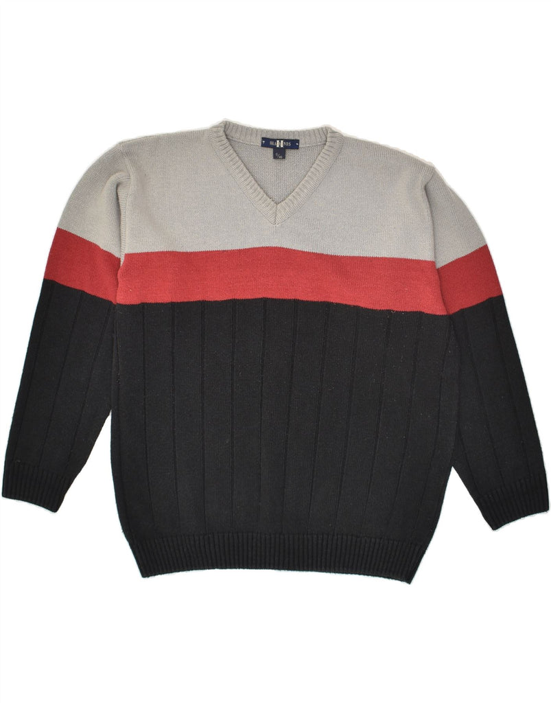 VINTAGE Mens V-Neck Jumper Sweater IT 46 Small Black Colourblock Cotton | Vintage Vintage | Thrift | Second-Hand Vintage | Used Clothing | Messina Hembry 