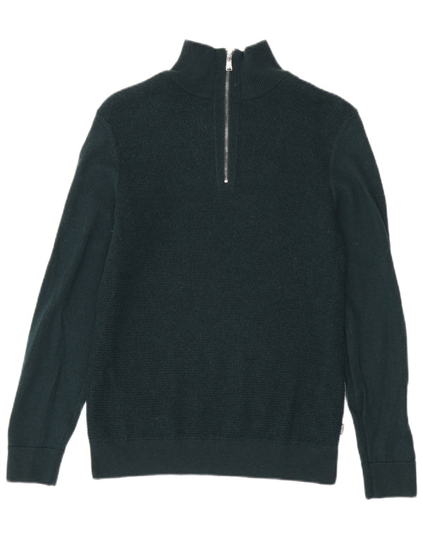 Hugo Boss Womens Zip Neck Jumper Sweater UK 12 Medium Green Virgin Wool