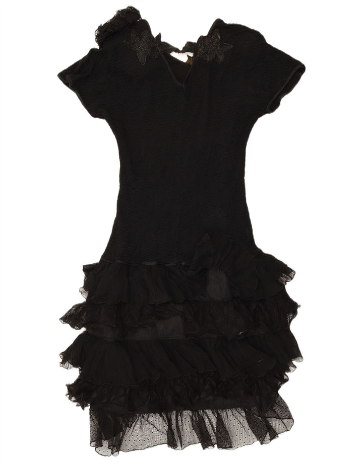Vintage Womens Tiered Dress UK 12 Medium Black Floral