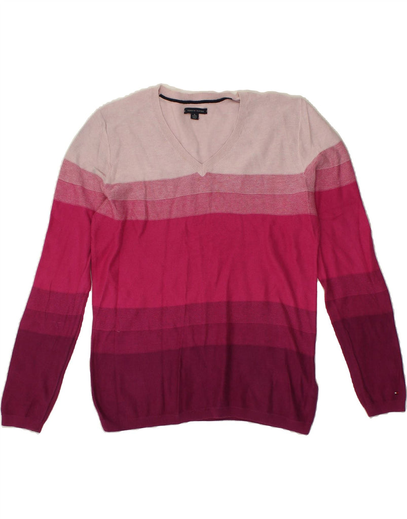 TOMMY HILFIGER Womens V-Neck Jumper Sweater UK 18 XL Pink Colourblock | Vintage Tommy Hilfiger | Thrift | Second-Hand Tommy Hilfiger | Used Clothing | Messina Hembry 