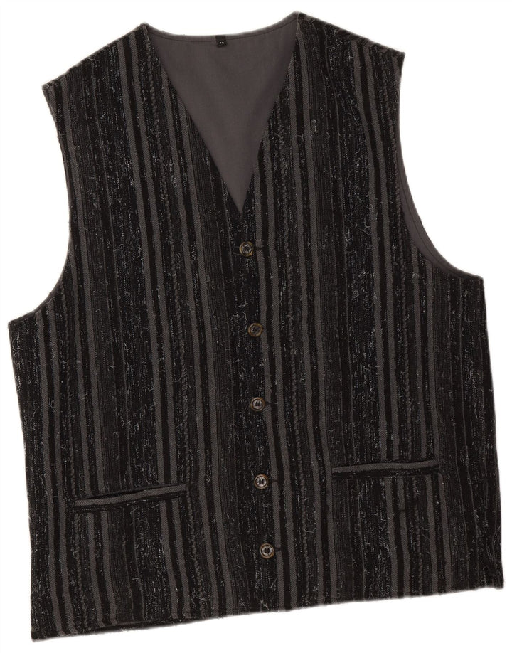 Vintage Mens Waistcoat Medium Black Striped Polyester