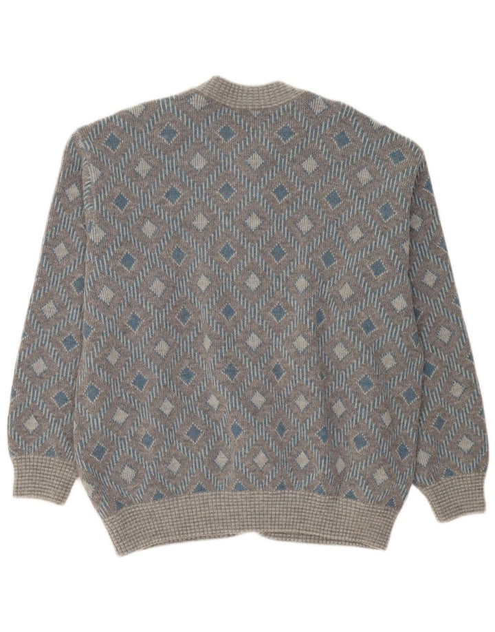 Vintage Mens Cardigan Sweater XL Grey Geometric